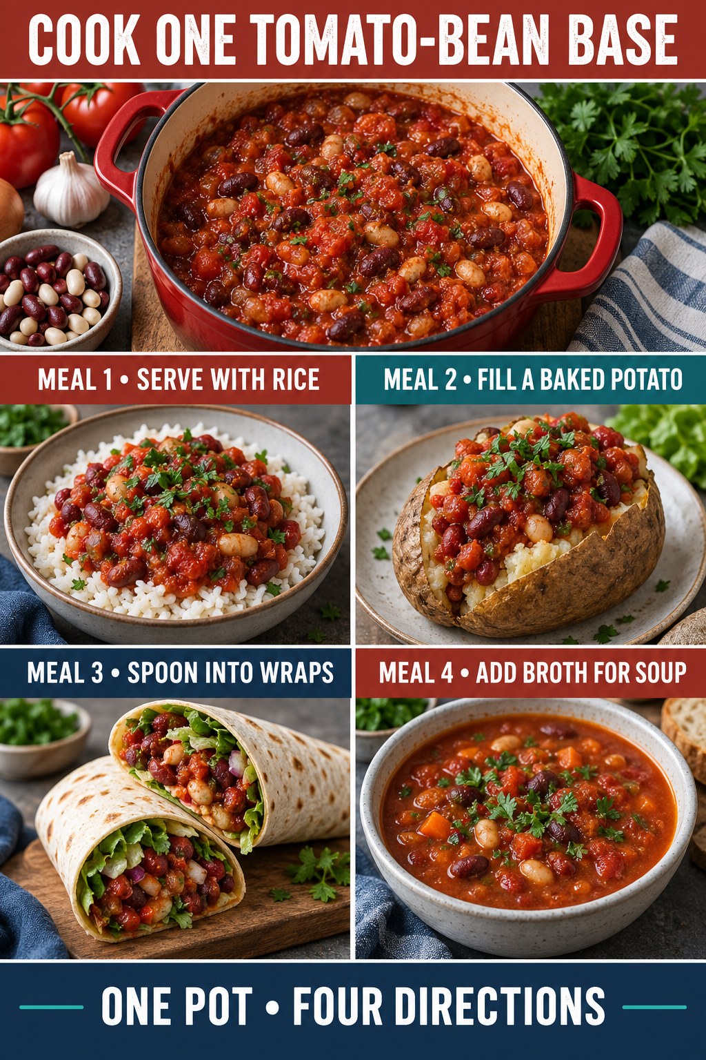 Tomato-bean base served with rice, in a baked potato, inside wraps, and as soup.