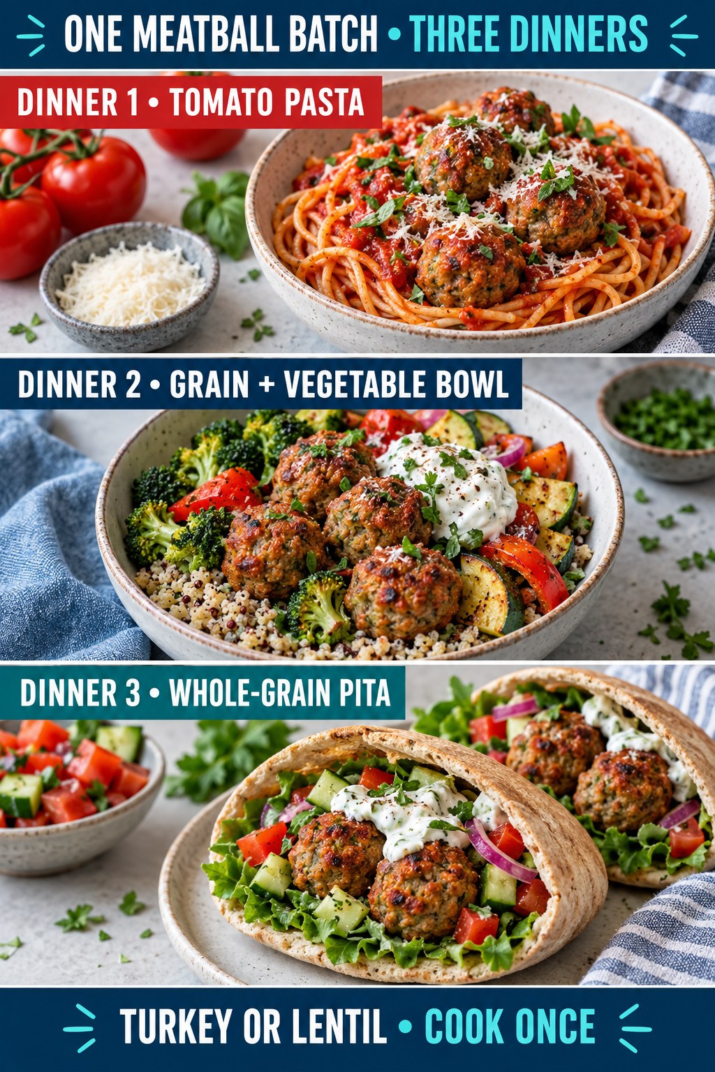 Turkey or lentil meatballs served with tomato pasta, in a grain bowl, and inside whole-grain pita.