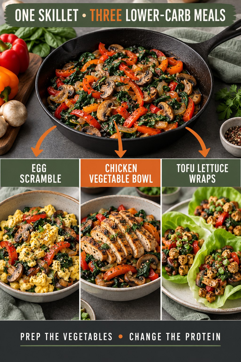 Vegetable skillet reused for egg scramble, chicken vegetable bowl, and tofu lettuce wraps.