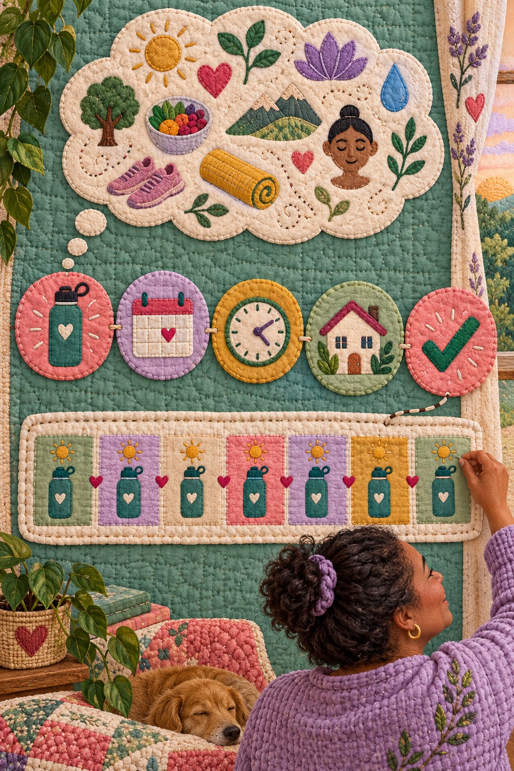 Quilted infographic turning wellness ideas into a chosen action, calendar day, time, place, check mark, and weekly rhythm.