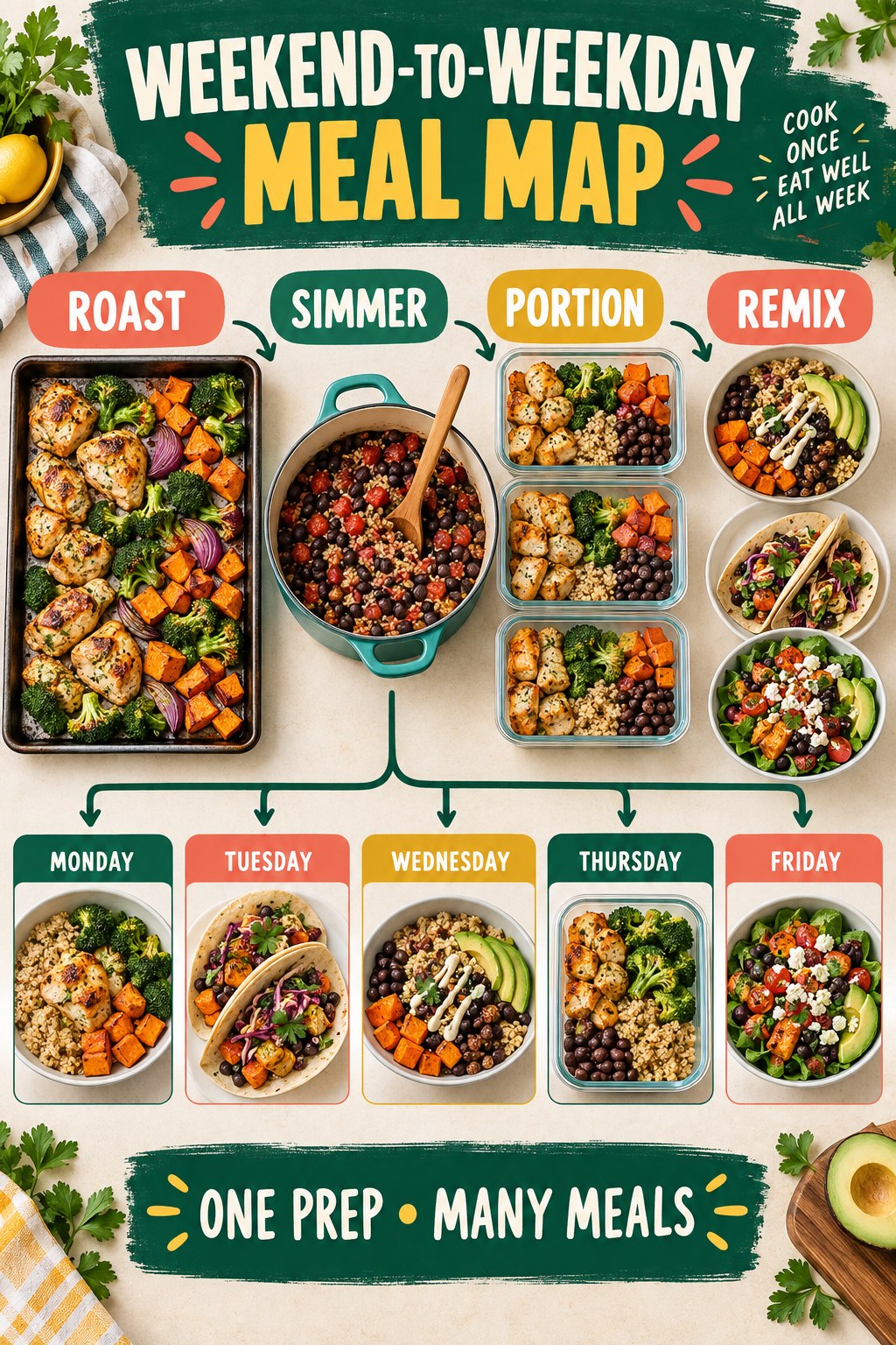 Weekend-to-weekday meal map showing roasted foods, a simmered bean dish, meal containers, bowls, wraps, and salads.