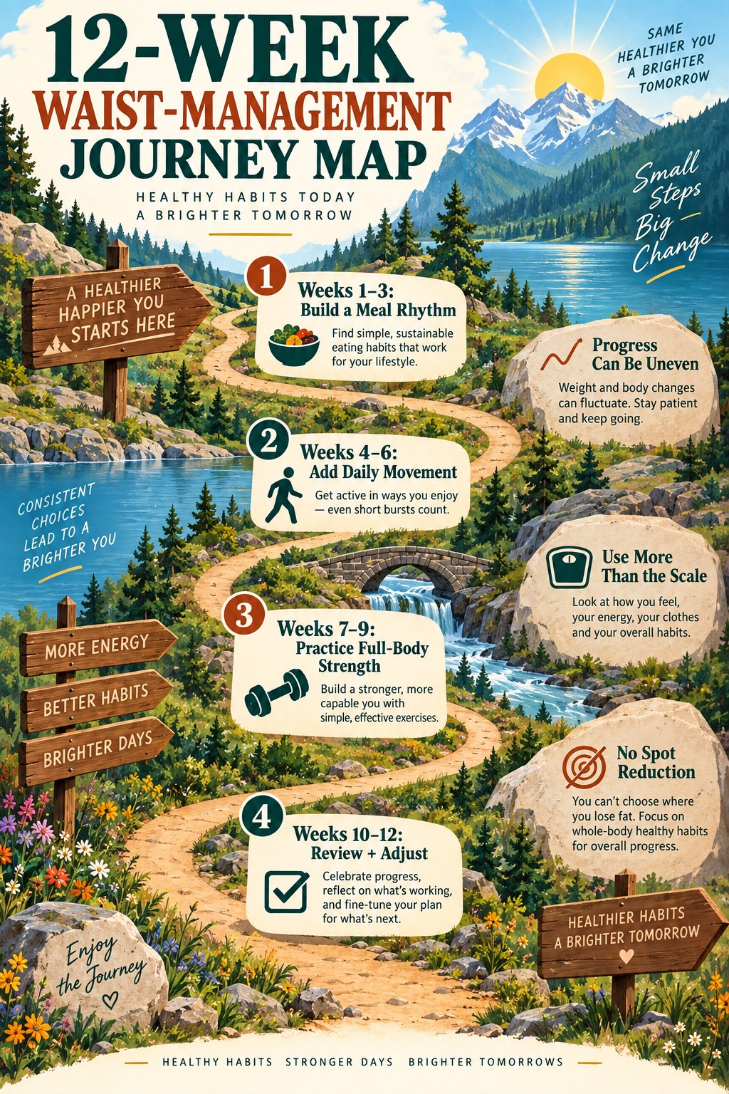 Portrait twelve-week journey map with phases for meal rhythm, daily movement, full-body strength, and review and adjustment.