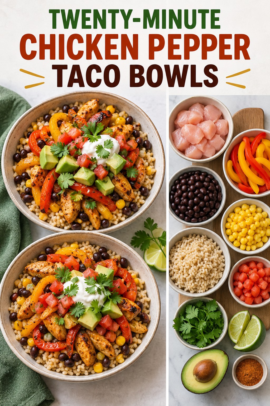 Two servings of twenty-minute chicken pepper taco bowls made with chicken, black beans, and vegetables.