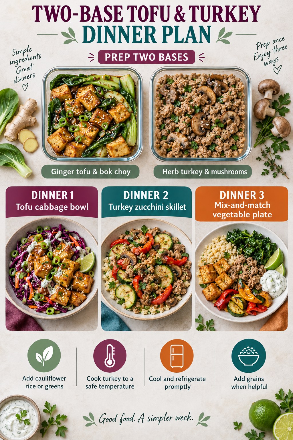 Two-base meal plan infographic with ginger tofu, herb turkey, cabbage bowl, zucchini skillet, and vegetable plate.