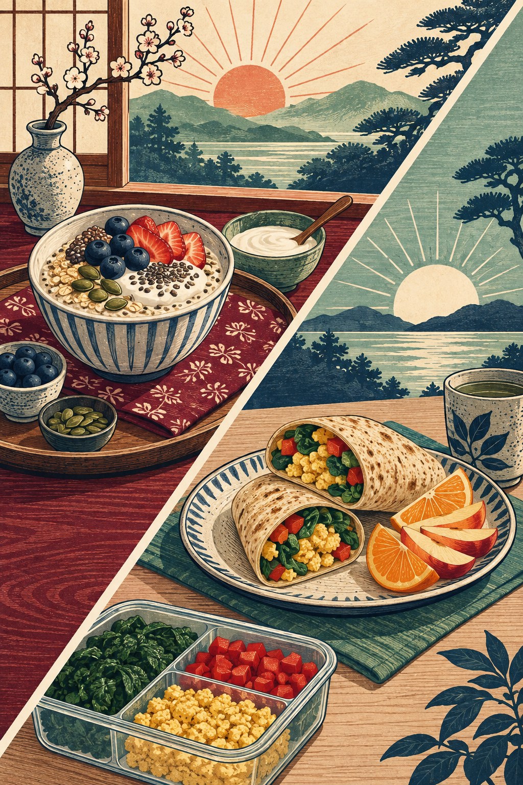 Japanese woodblock-style split scene with berry oats on one side and vegetable breakfast wraps with fruit on the other.