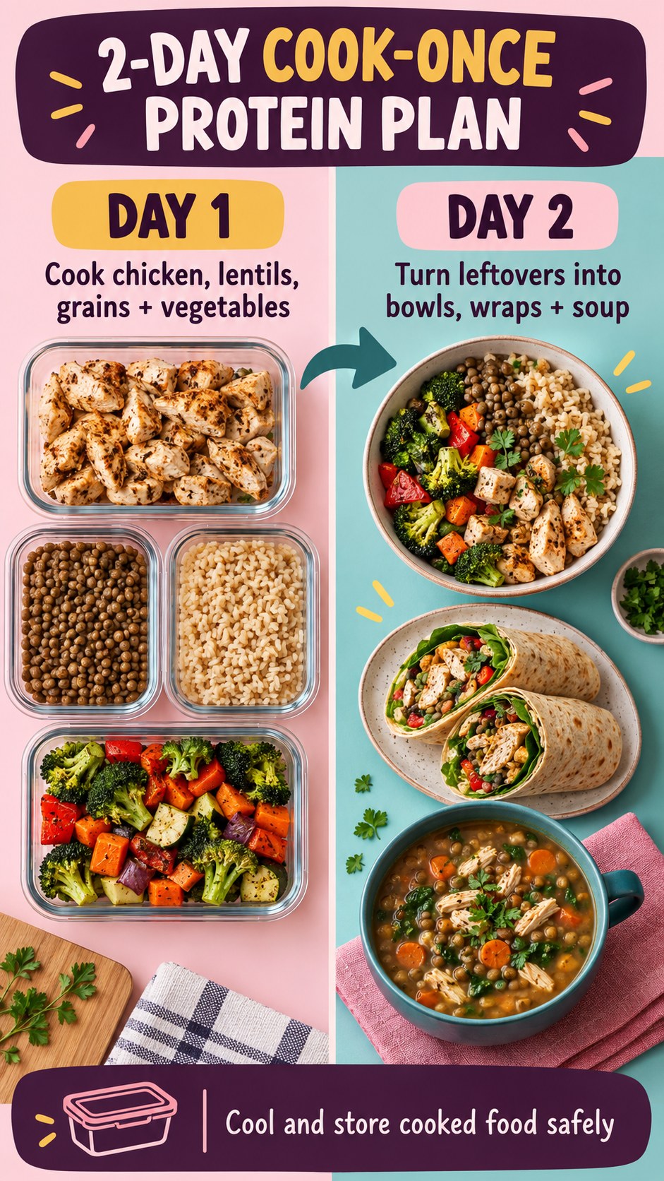 Aubergine and teal split-screen infographic showing cooked chicken, lentils, grains, vegetables, bowls, wraps, and soup across two days