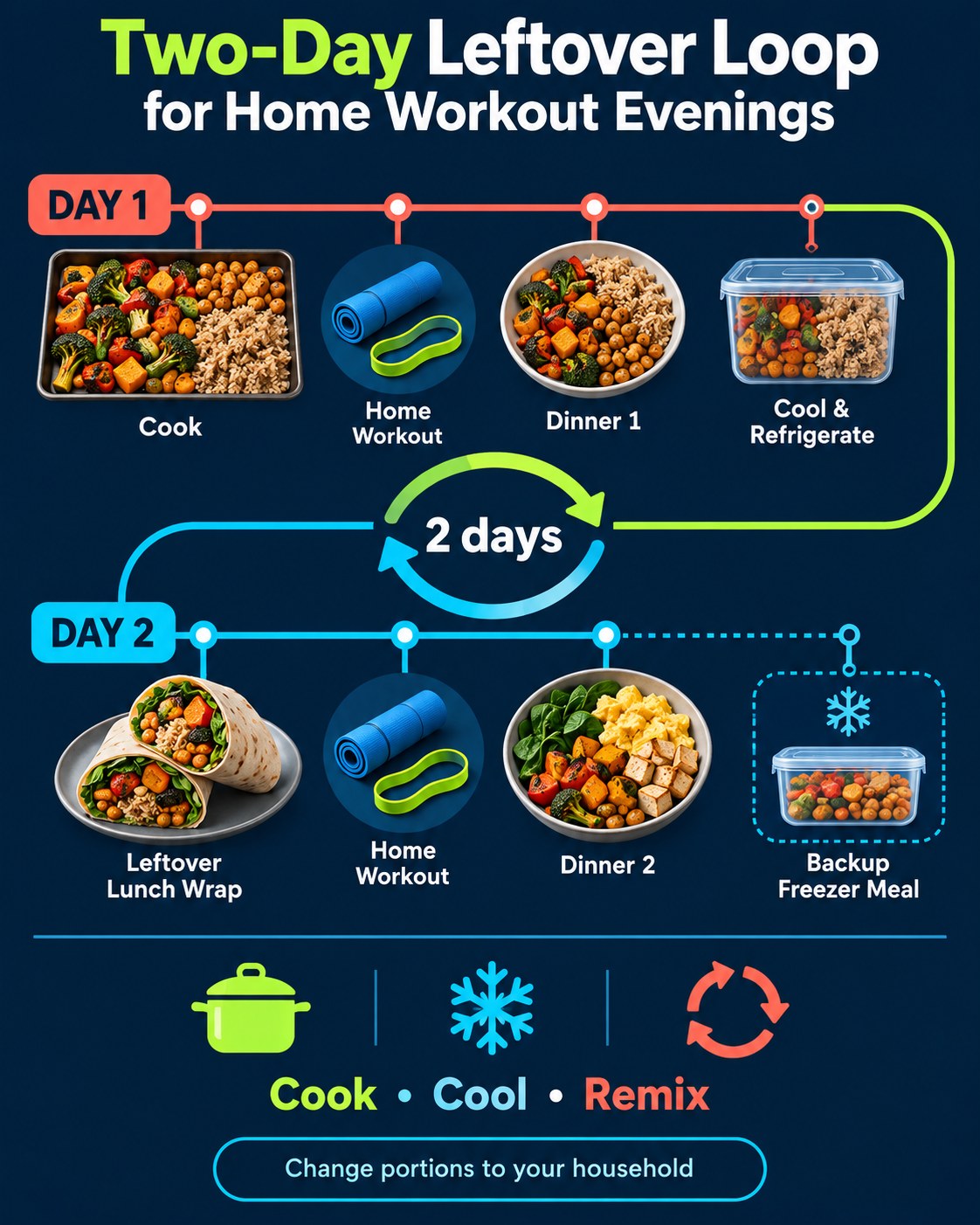 Navy metro-map infographic linking roasted vegetables, chickpeas, rice, two dinners, a lunch wrap, workouts, and freezer backup.