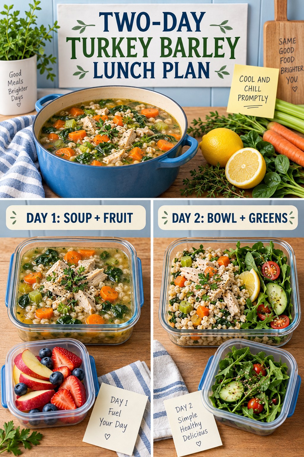 Two-day turkey barley lunch plan with vegetable soup and fruit on day one and a barley greens bowl on day two.