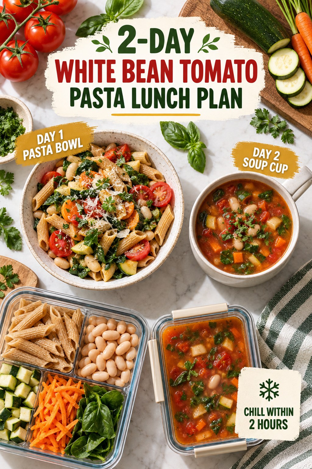 Two-day white bean tomato pasta lunch plan with a pasta bowl, vegetable soup cup, and meal-prep containers