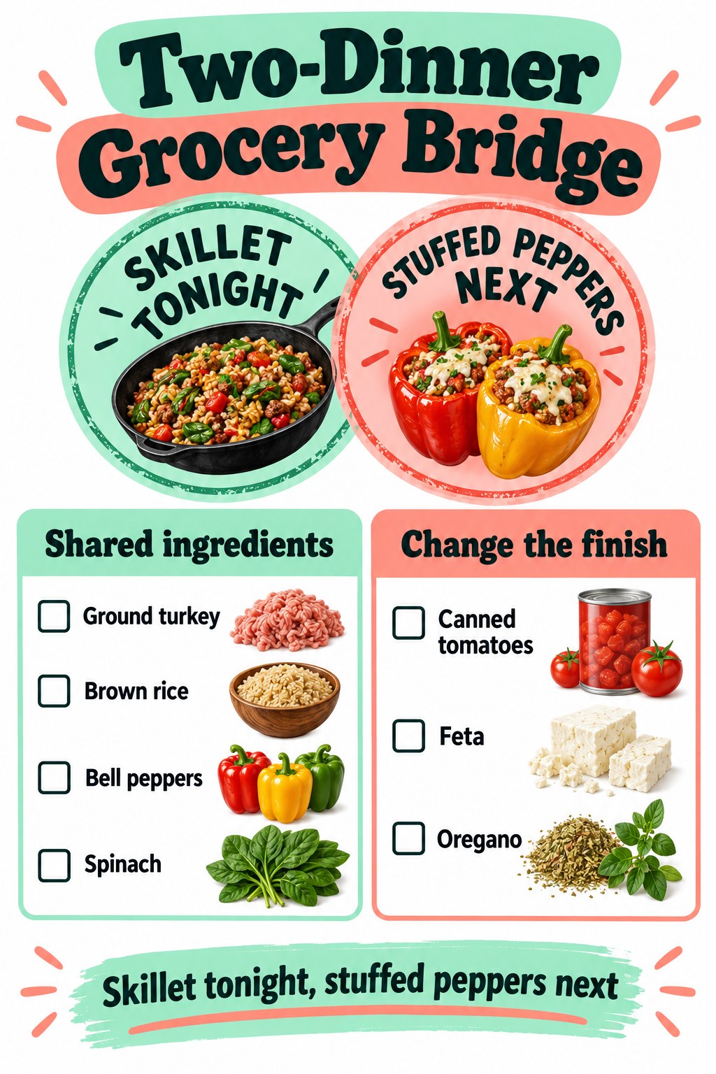 Mint and coral grocery planner with turkey, rice, peppers, spinach, tomatoes, feta and oregano for two dinners.