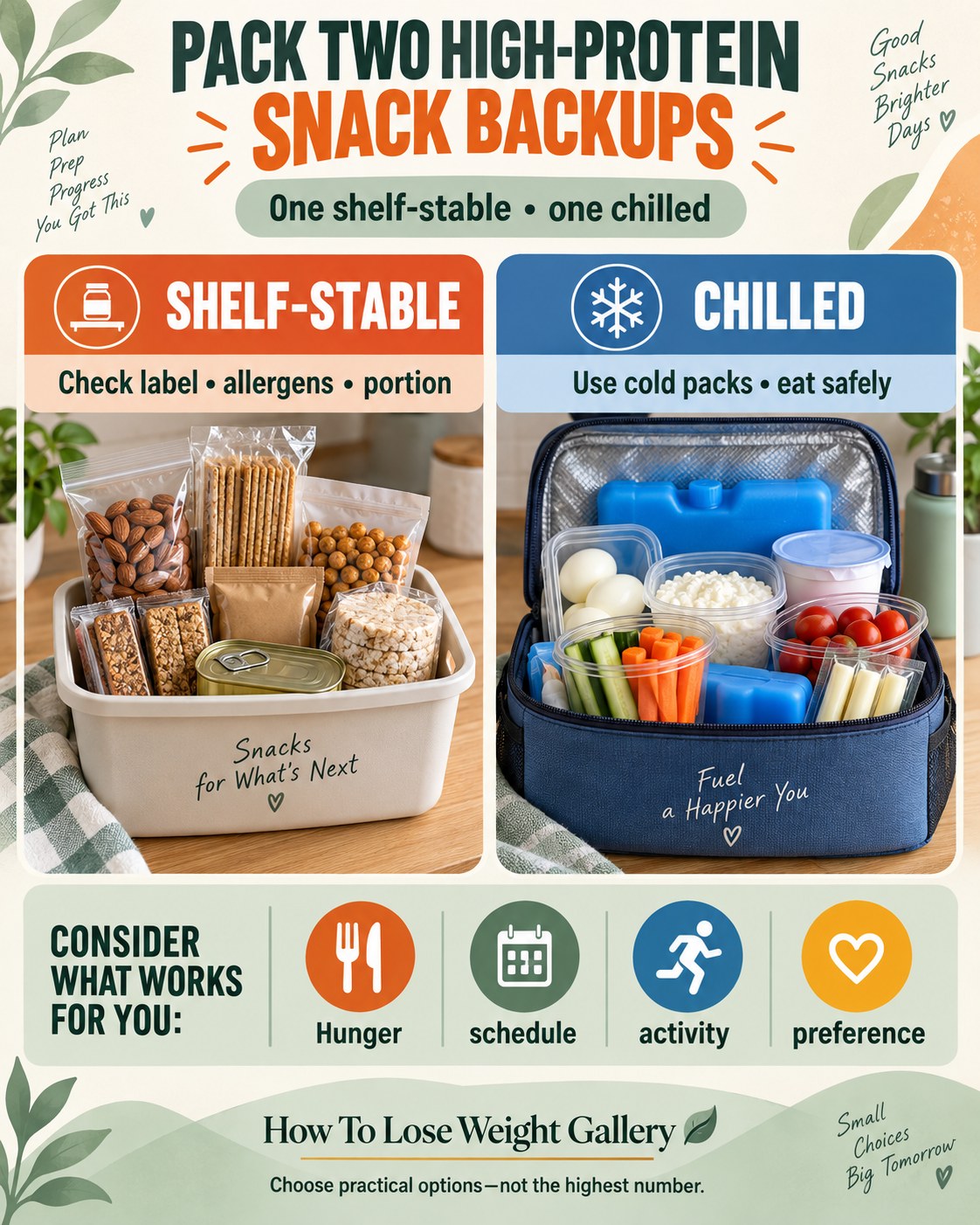 Two portable high-protein snack kits showing a shelf-stable pantry option and a chilled cooler option