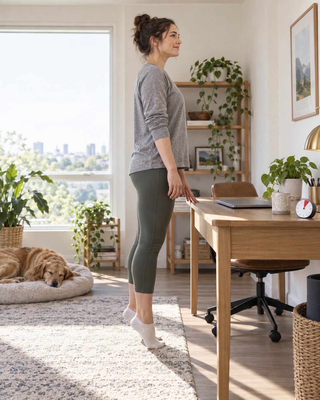 Woman doing supported calf raises beside a sunny home office desk