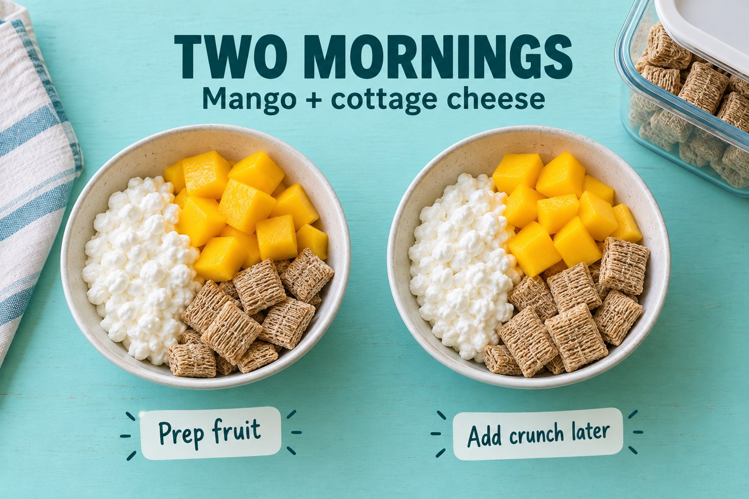 Two breakfast bowls of cottage cheese, diced mango, and shredded wheat beside a small Two Mornings plan card.