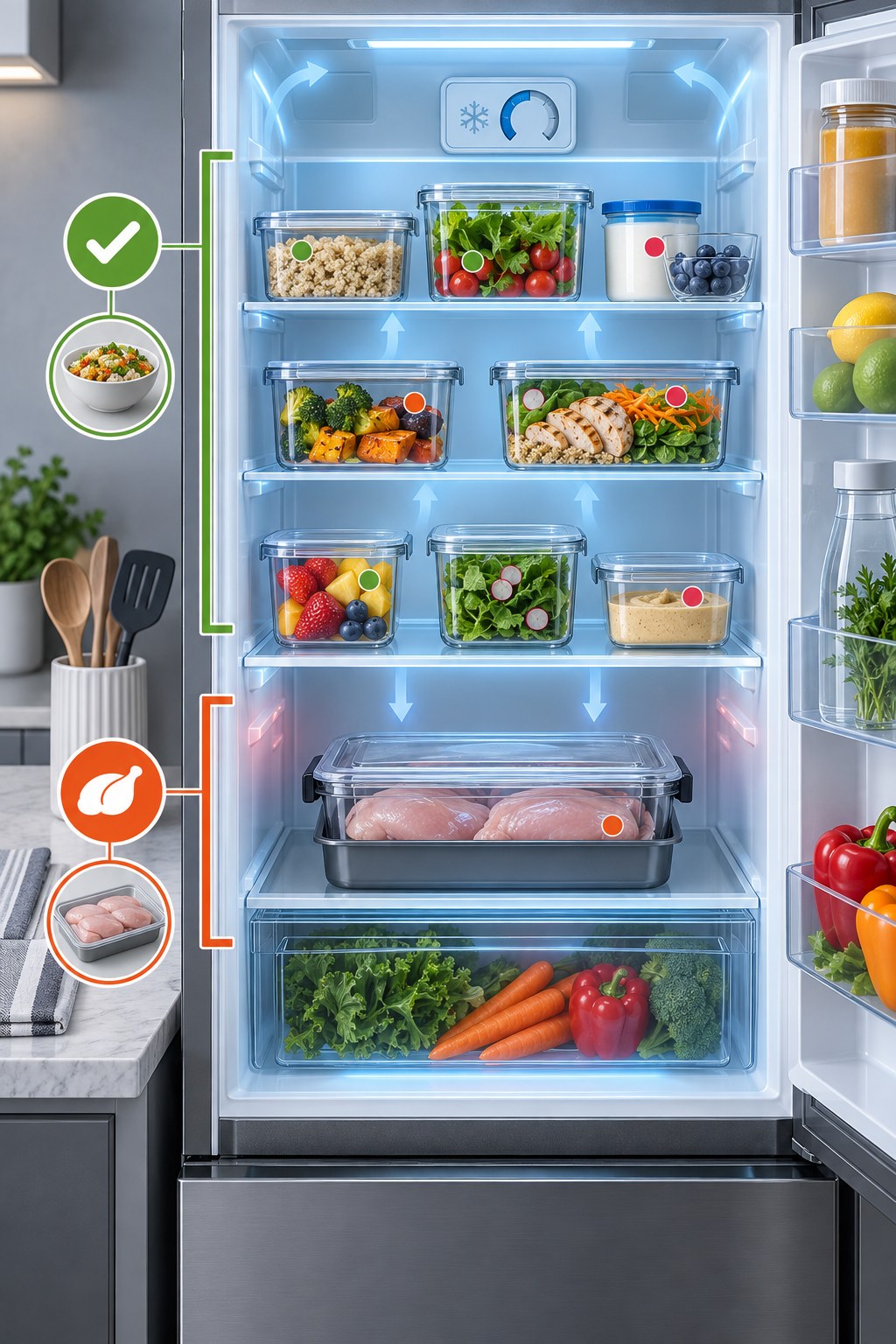 Vertical refrigerator infographic with covered ready-to-eat foods on upper shelves and sealed raw poultry in a leakproof tray below.