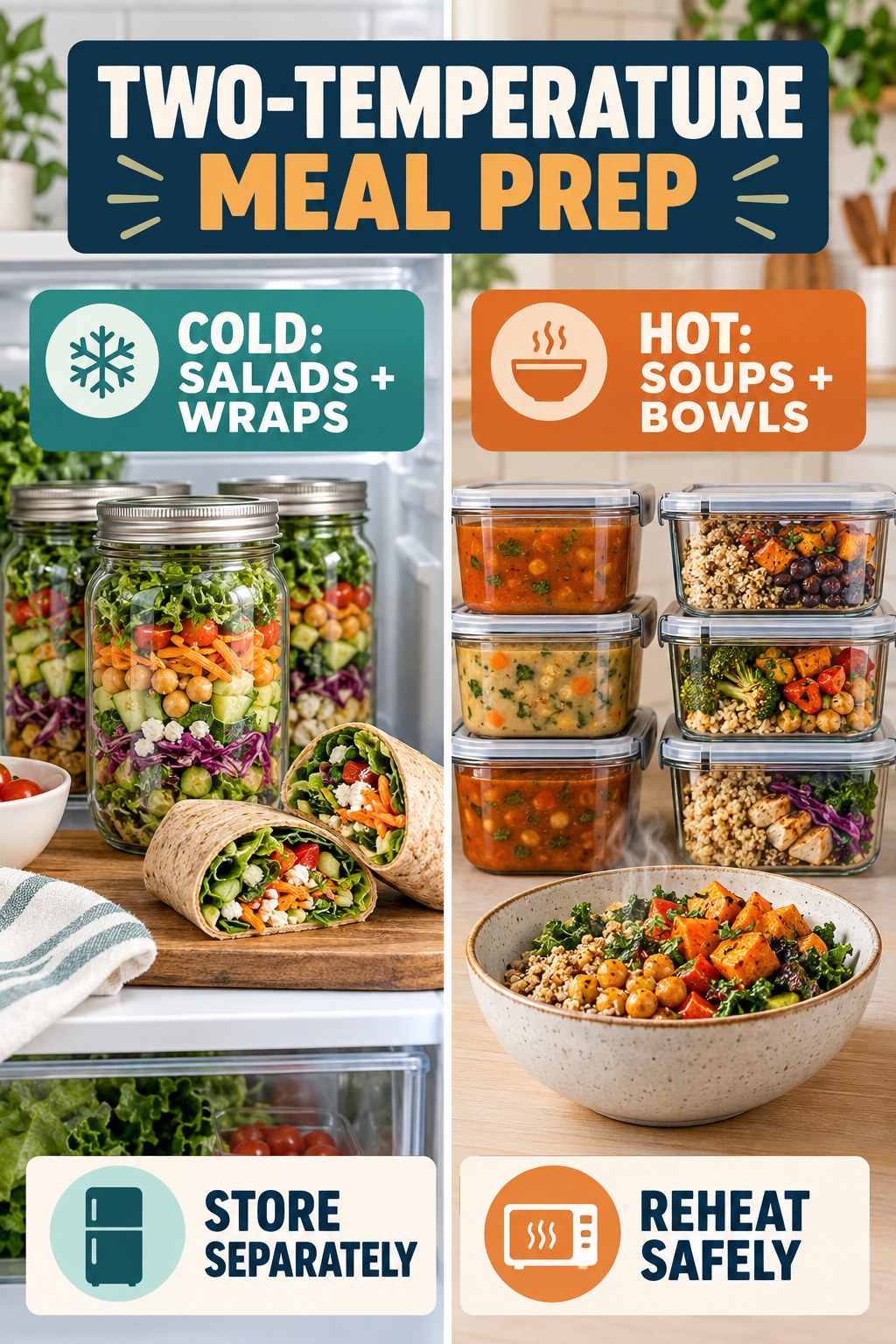 Two-temperature meal prep infographic with cold salad jars and wraps beside hot soups and grain bowls stored separately.