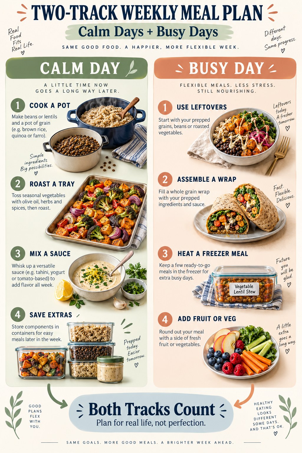 Portrait infographic comparing calm-day cooking and busy-day leftover, wrap, freezer, and produce options.