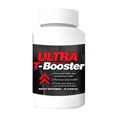 Ultra T-Booster white supplement bottle with a black label and red and white lettering