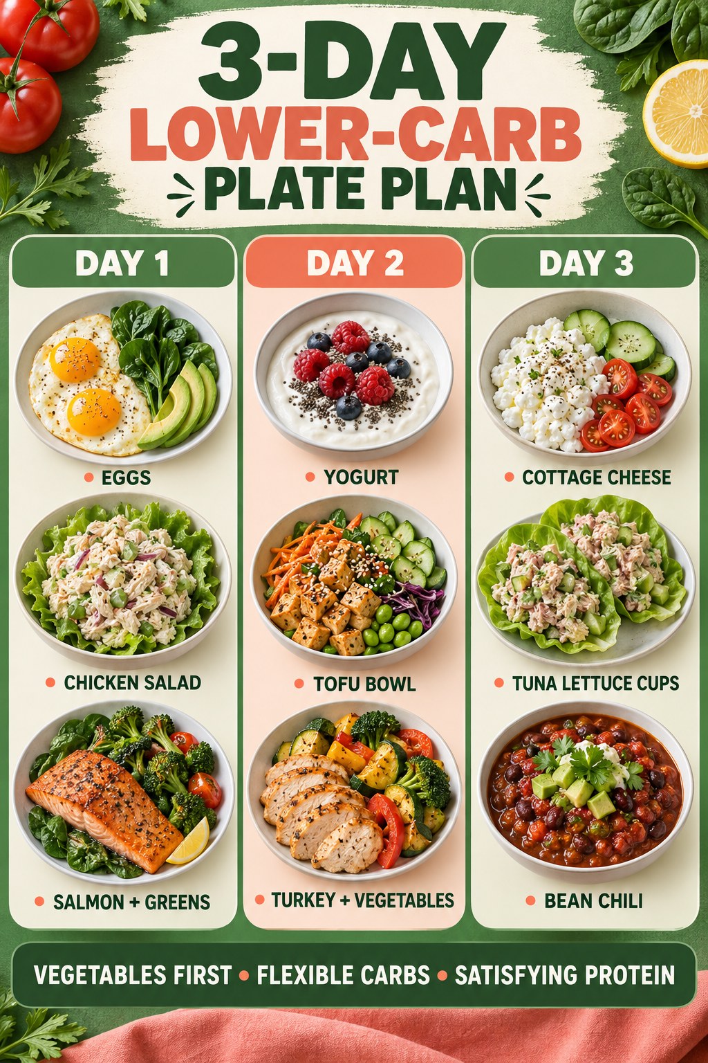 Three-day lower-carb plate plan with eggs, yogurt, salads, fish, tofu, turkey, lettuce cups, and bean chili.
