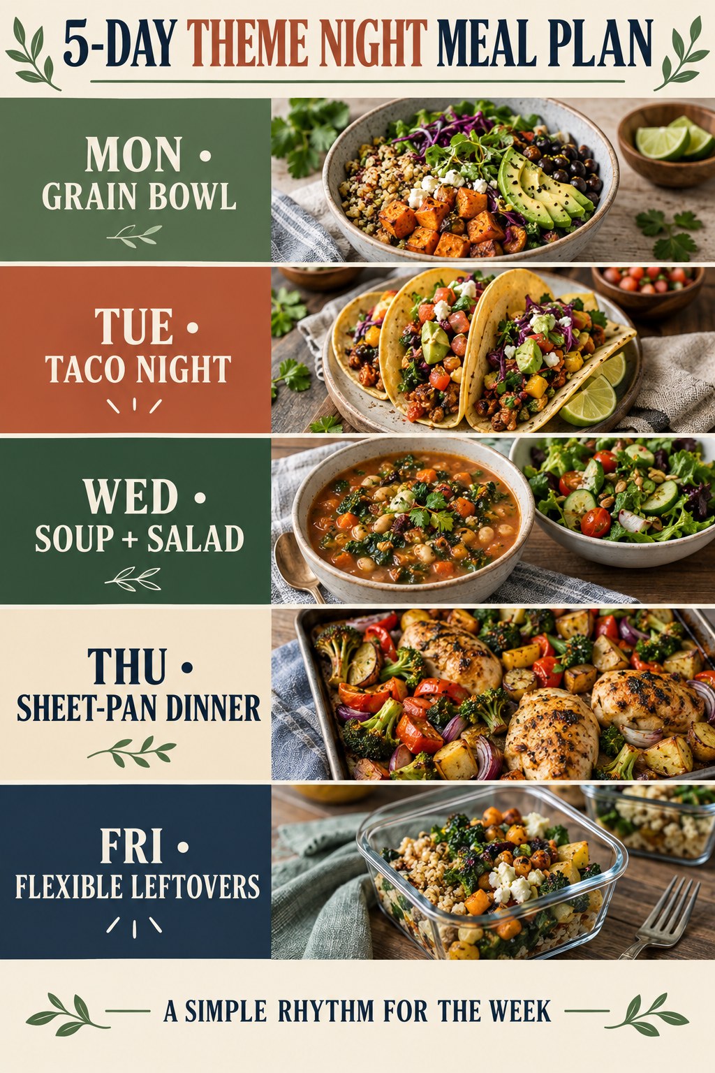Five-day theme night meal plan with a grain bowl, tacos, soup and salad, sheet-pan dinner, and leftovers.
