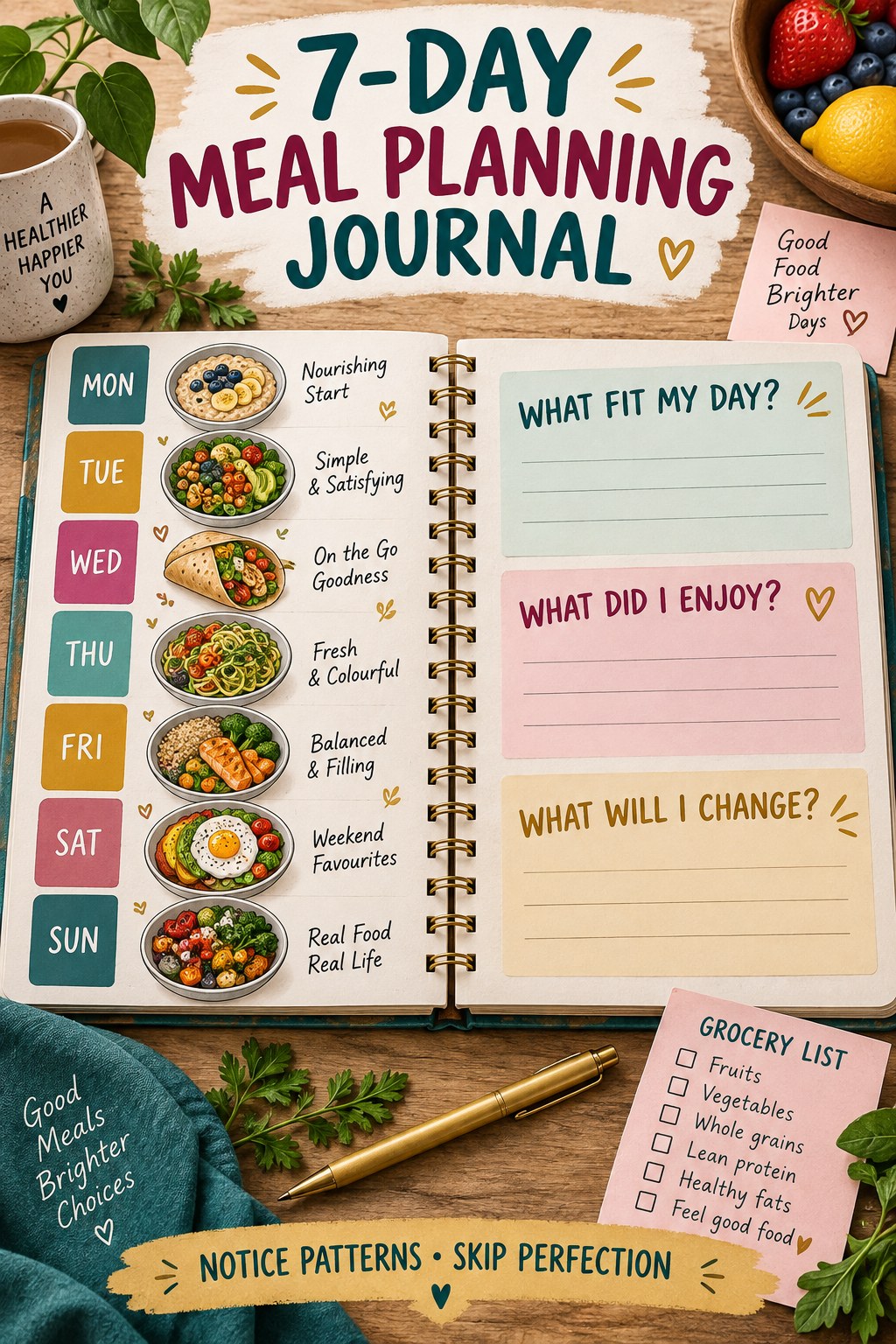 Open seven-day meal-planning journal with colorful weekday tabs, balanced meal sketches, and three reflection questions.