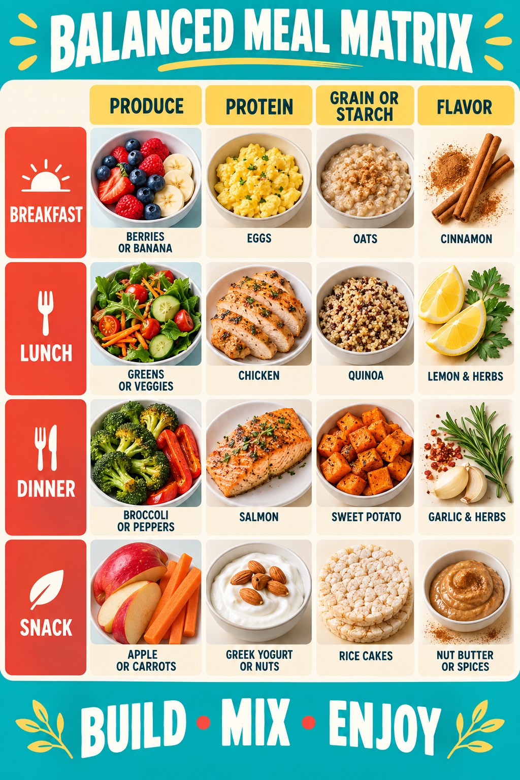 Turquoise balanced meal matrix with breakfast, lunch, dinner, and snack rows across produce, protein, starch, and flavor columns.