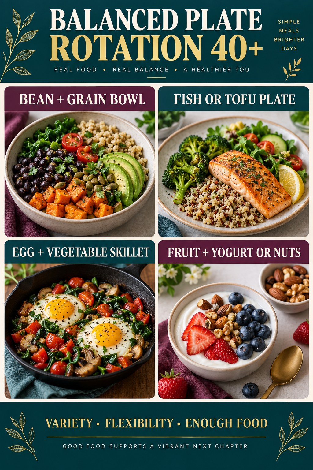 Deep teal balanced plate rotation infographic for adults over 40 with four flexible meal and snack formats.
