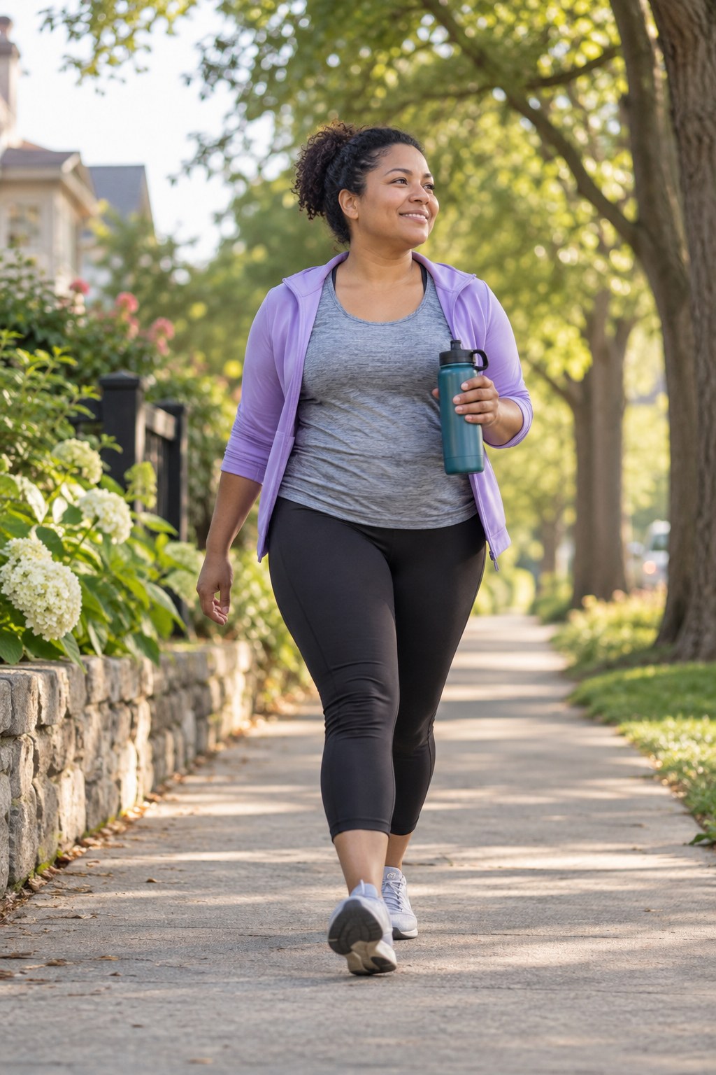Adult walking briskly on a tree-lined neighborhood path with comfortable shoes and a water bottle.