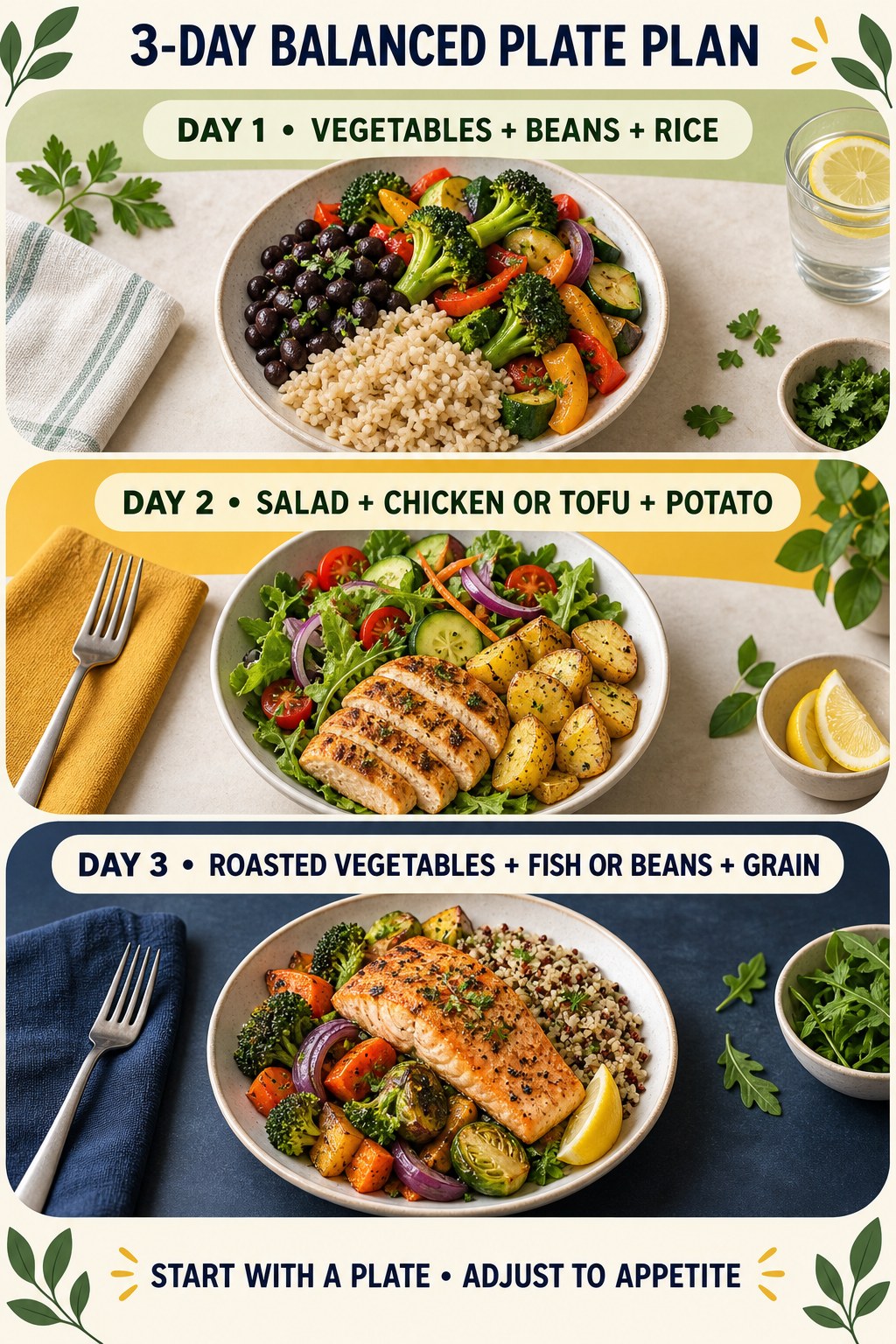 Three-day balanced plate plan with vegetables, grains or potatoes, and flexible protein foods.
