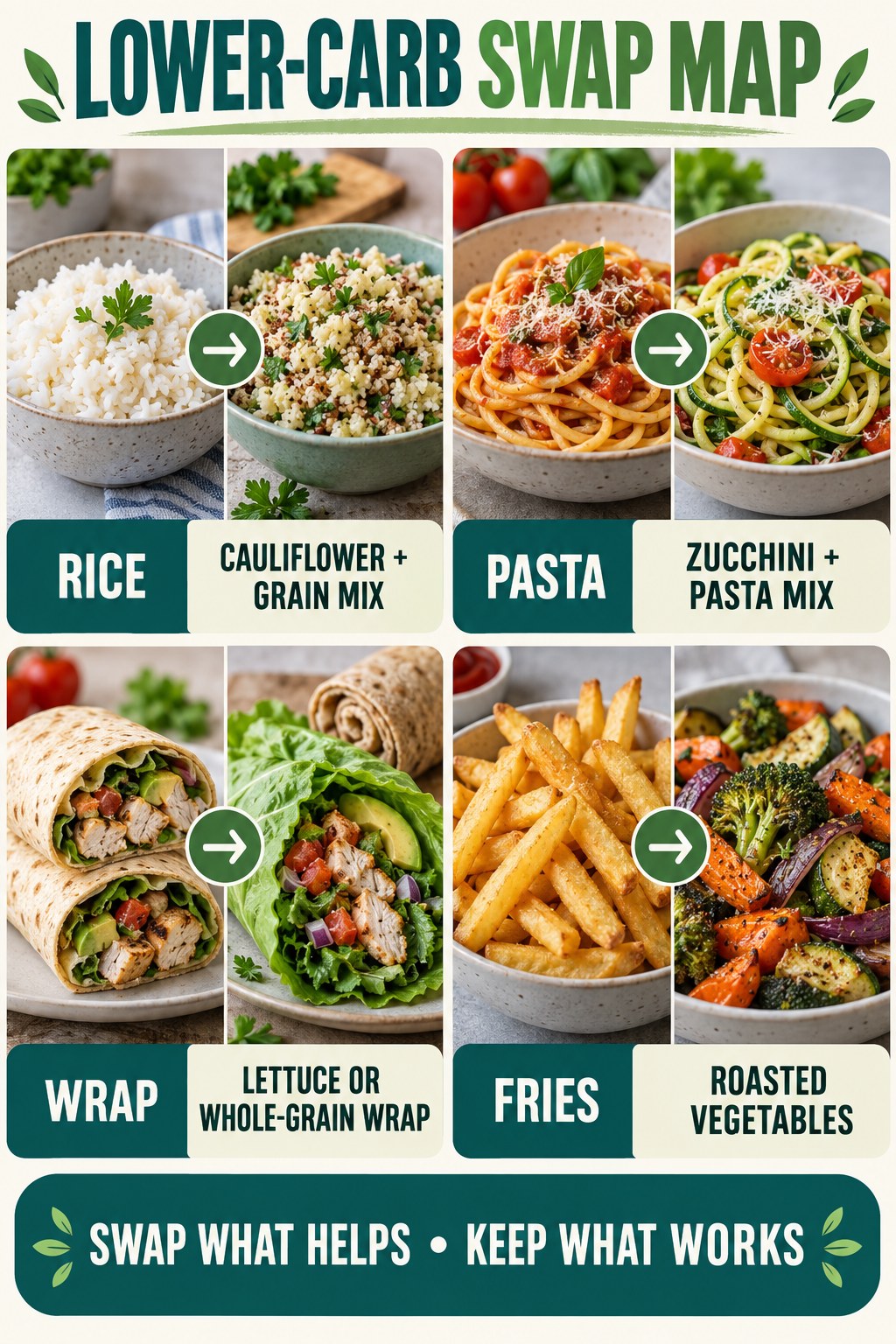 Lower-carb swap map pairing rice, pasta, wraps, and fries with flexible vegetable-forward alternatives.