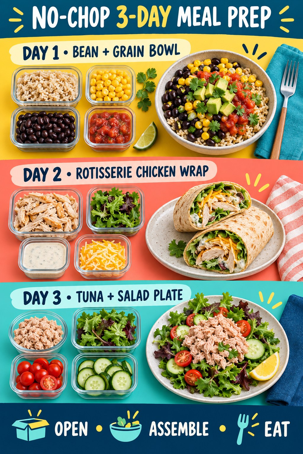 No-chop three-day meal prep with a bean grain bowl, chicken wrap, and tuna salad plate.