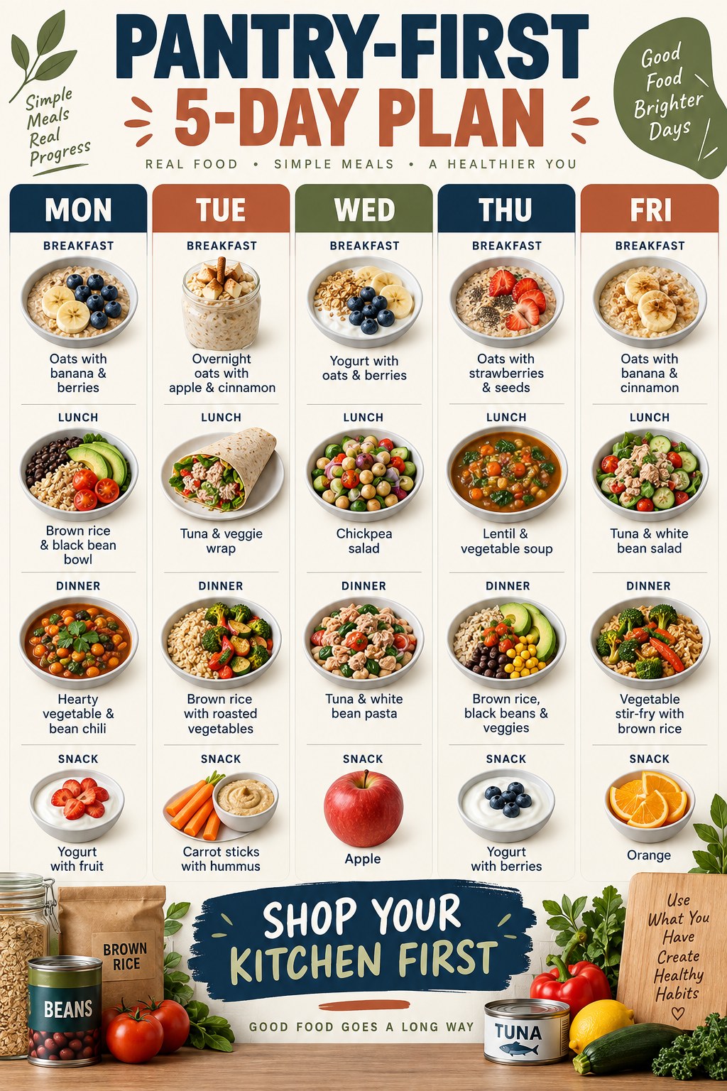 Five-column pantry-first meal plan infographic with balanced weekday breakfasts, lunches, dinners, and snacks.