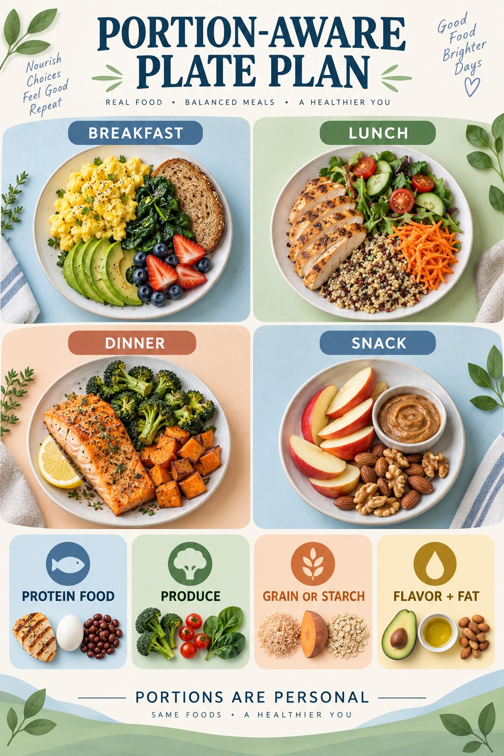 Pastel portion-aware meal plan infographic with balanced breakfast, lunch, dinner, and snack plates plus four food-group cues.