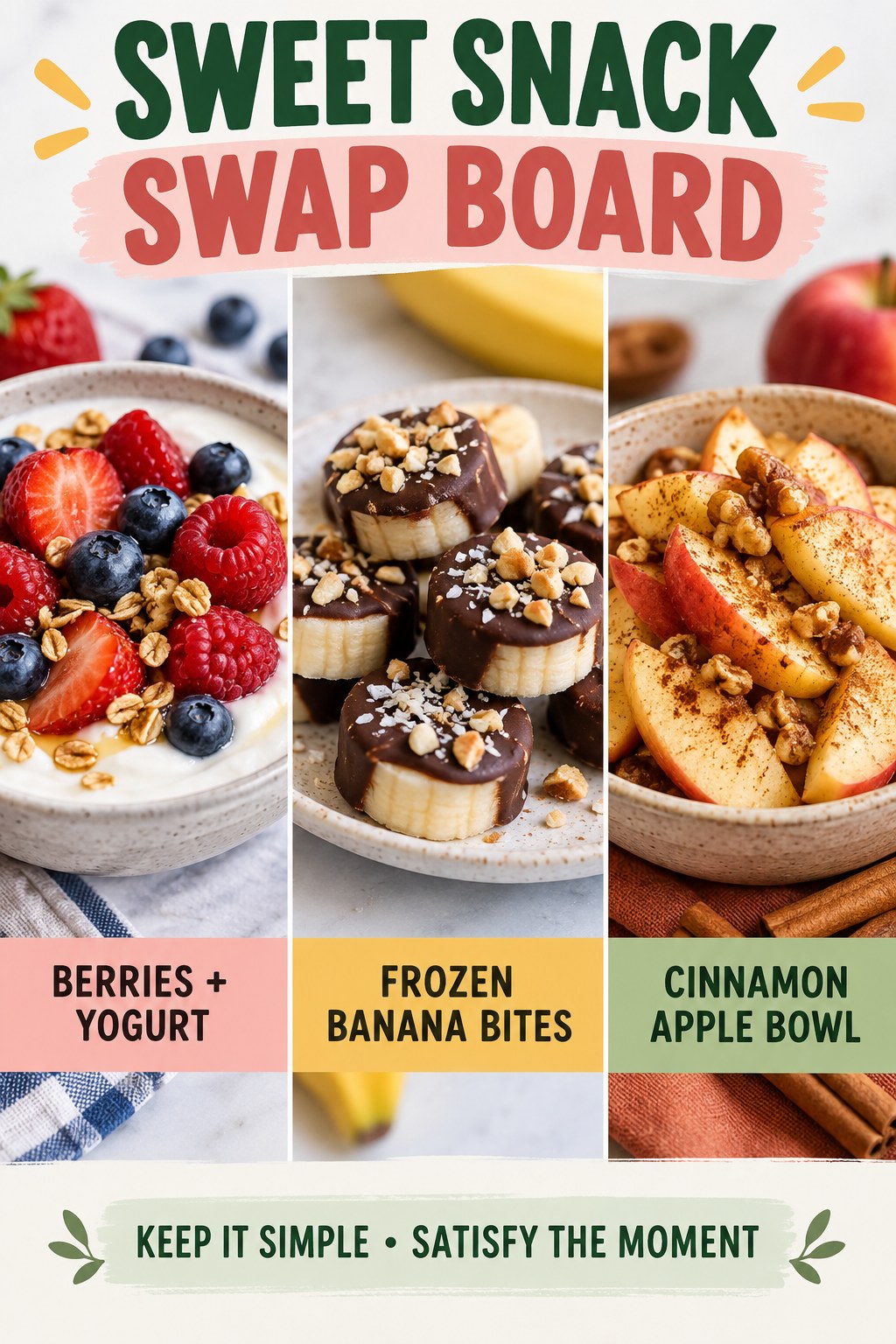 Sweet snack board with berries and yogurt, frozen banana bites, and cinnamon apple bowl.