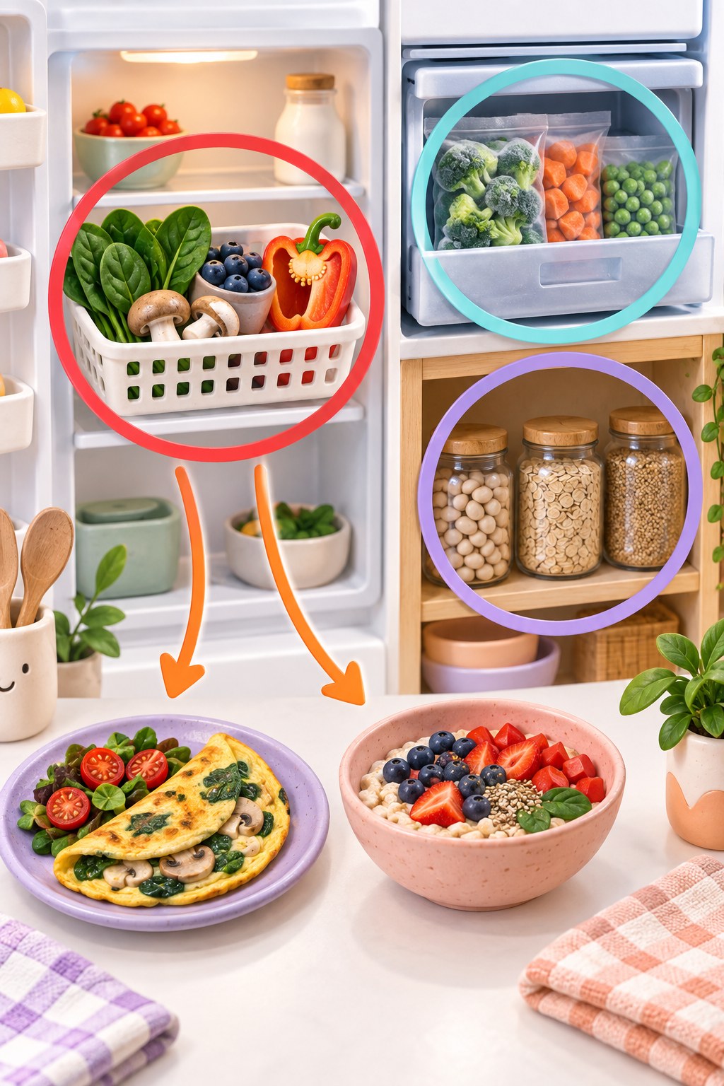 Vertical clay-style infographic with a refrigerator use-first produce basket, frozen vegetables, pantry staples, an omelet, and a fruit bowl.