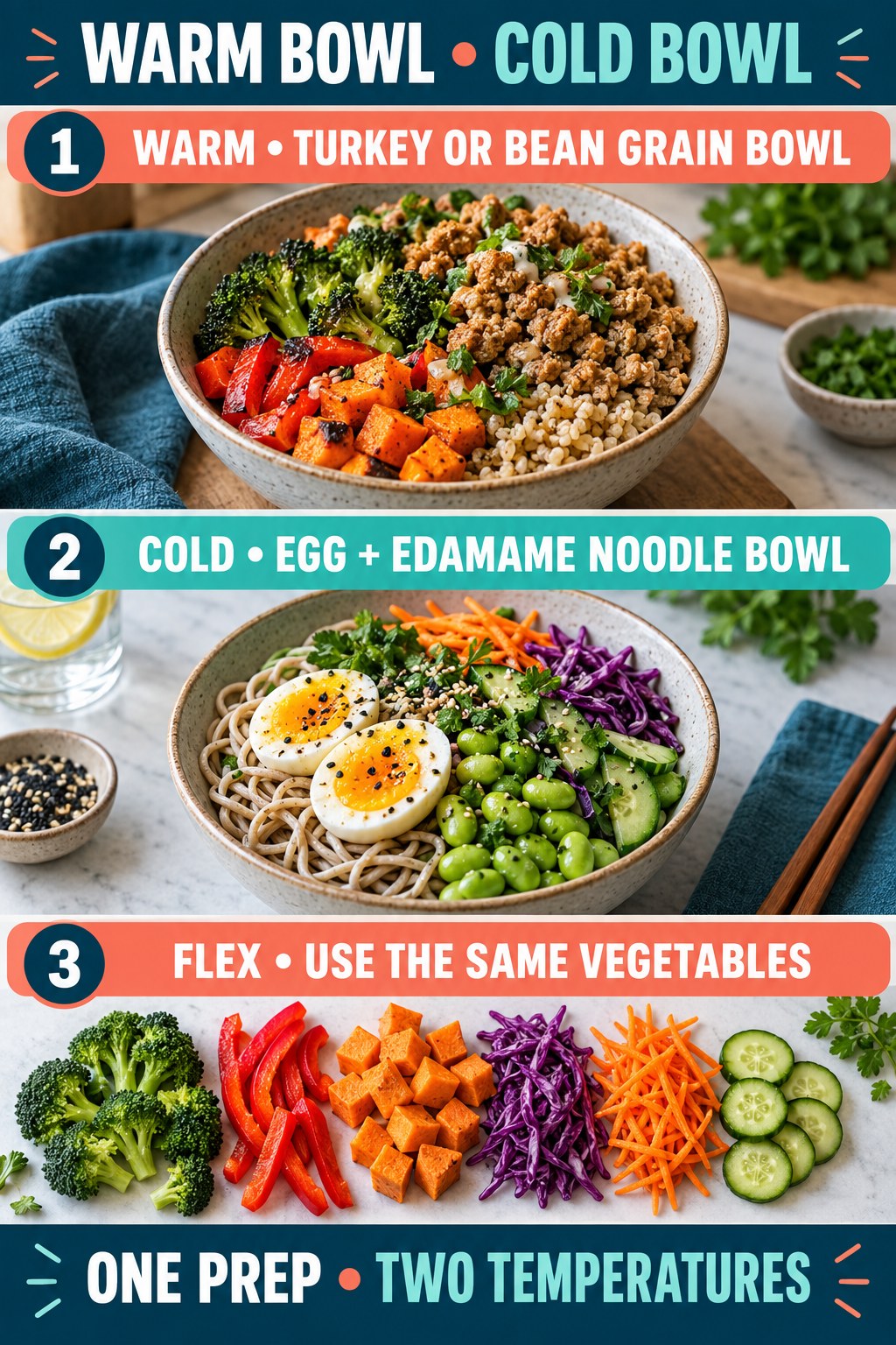 Warm turkey or bean grain bowl, cold egg edamame noodle bowl, and shared vegetables.