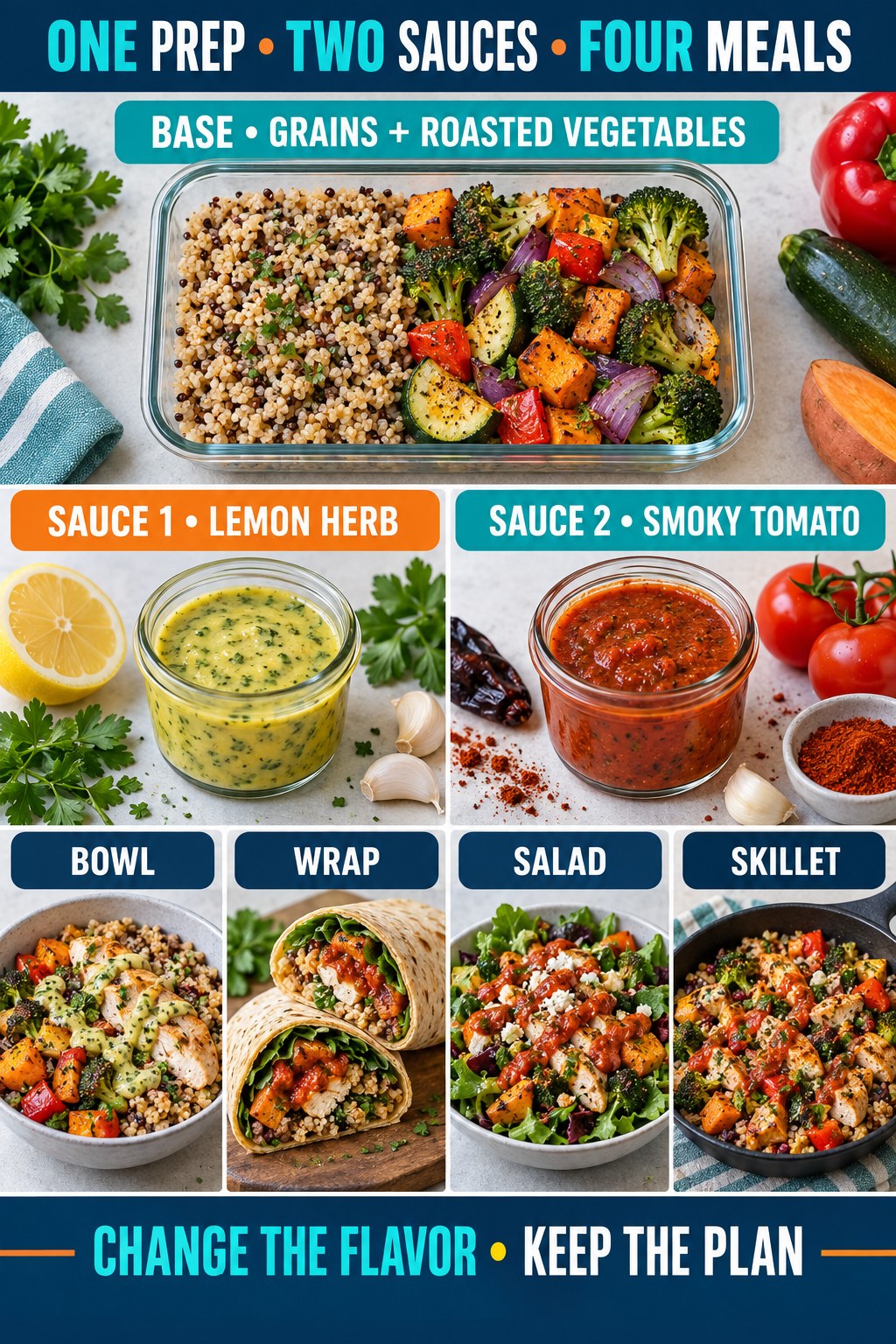 Meal-prep infographic with grains, roasted vegetables, two sauces, and four flexible meal formats.
