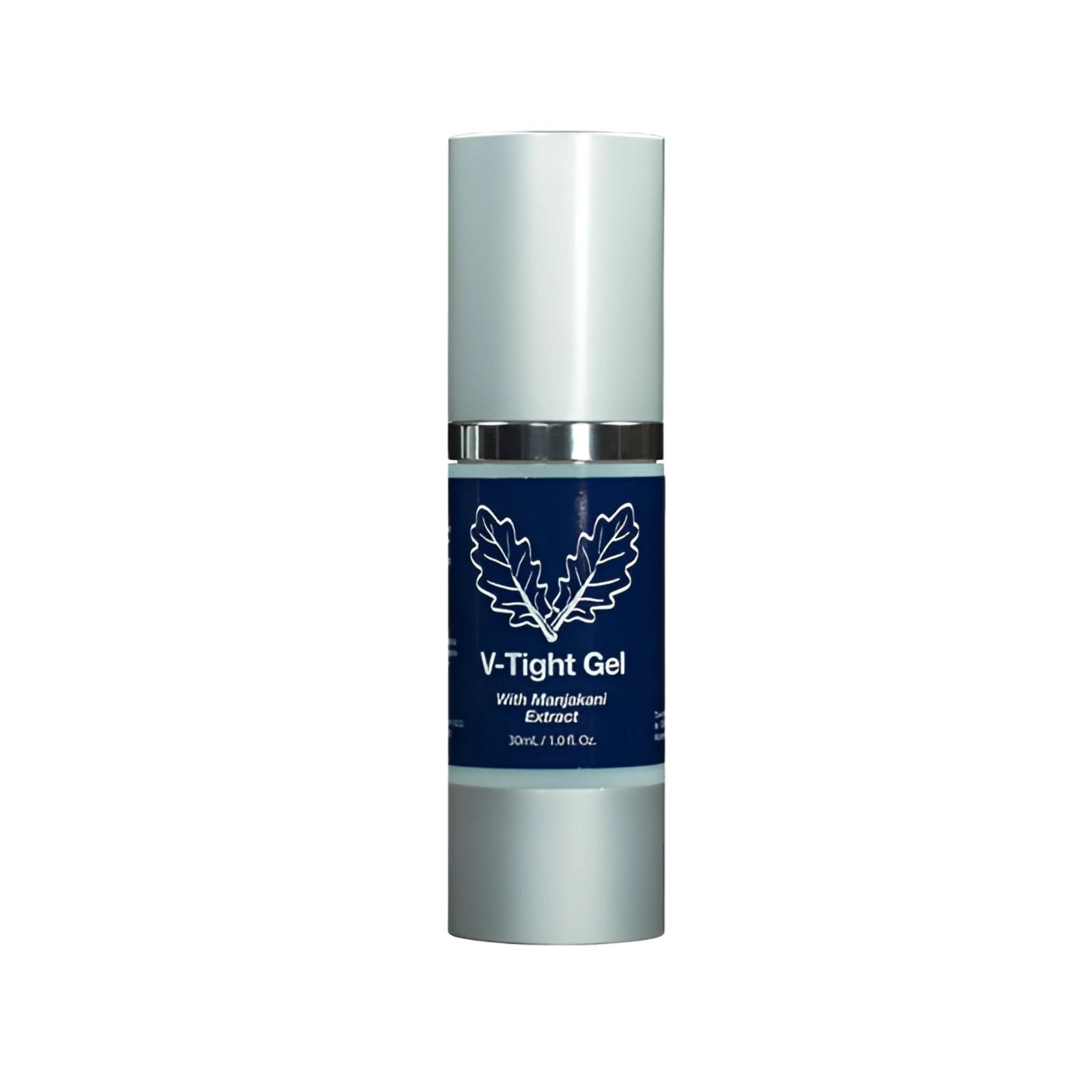 V-Tight Gel bottle with a dark blue label identifying Manjakani extract and a 30 mL size