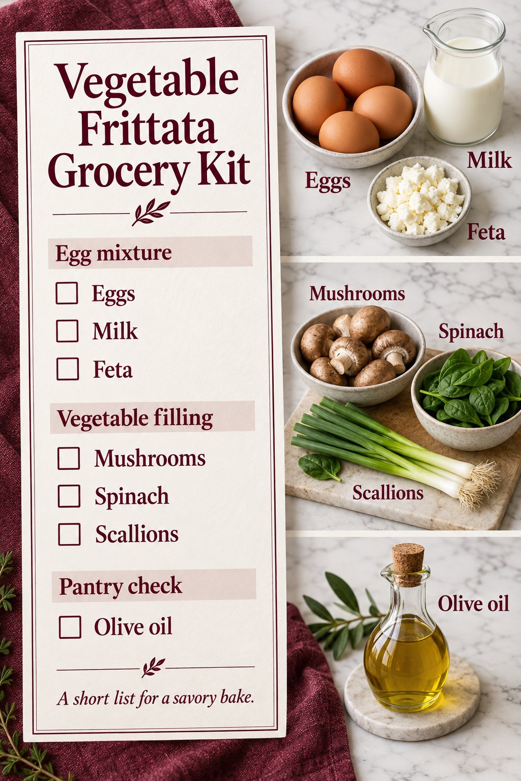 Burgundy and white recipe-card checklist with eggs, milk, feta, mushrooms, spinach, scallions and olive oil.