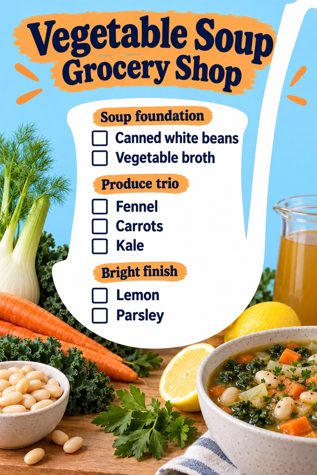 Sky-blue soup-ladle grocery graphic listing white beans, broth, fennel, carrots, kale, lemon and parsley.