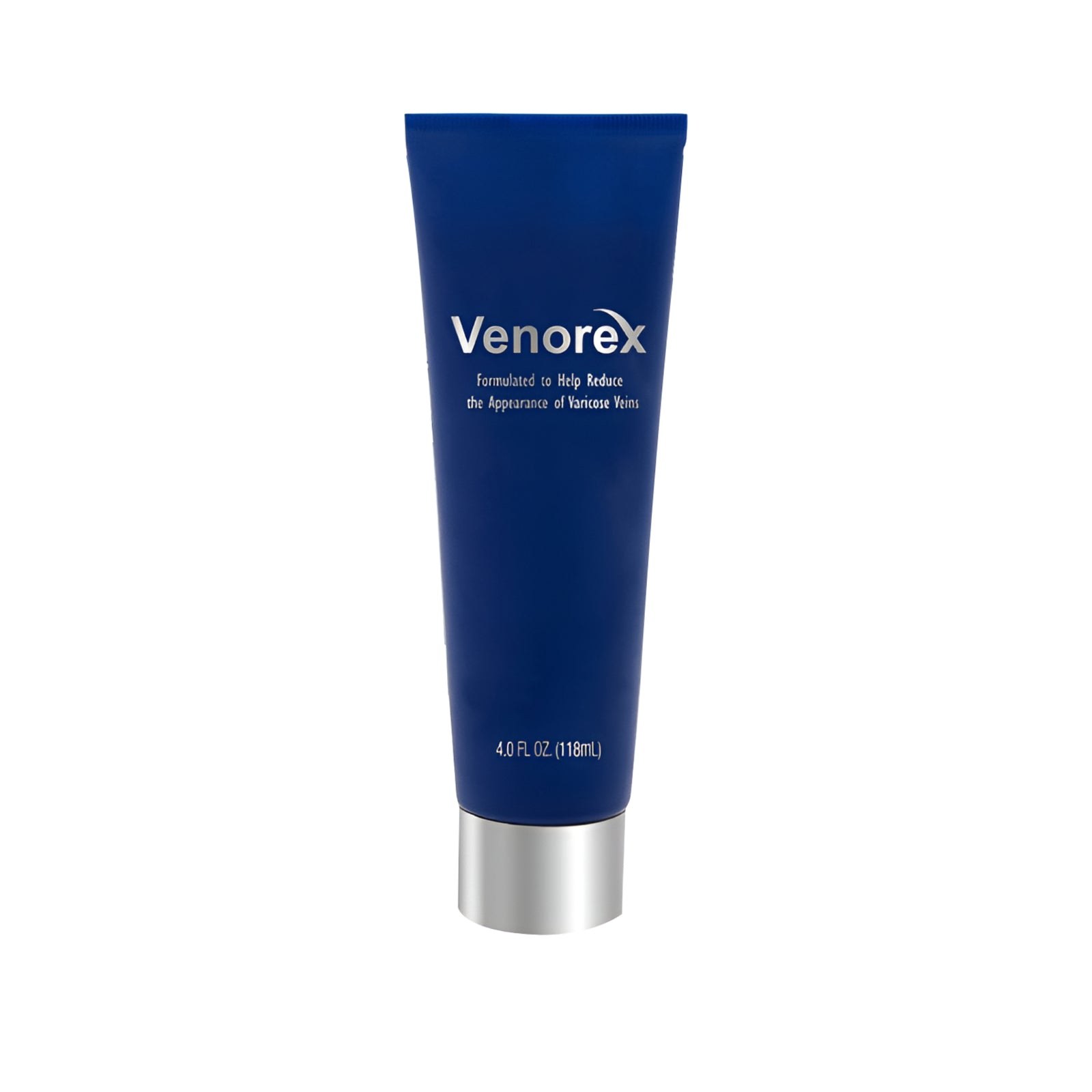 Venorex topical cream in a dark blue tube with a silver cap labeled 118 mL and 4 fl oz