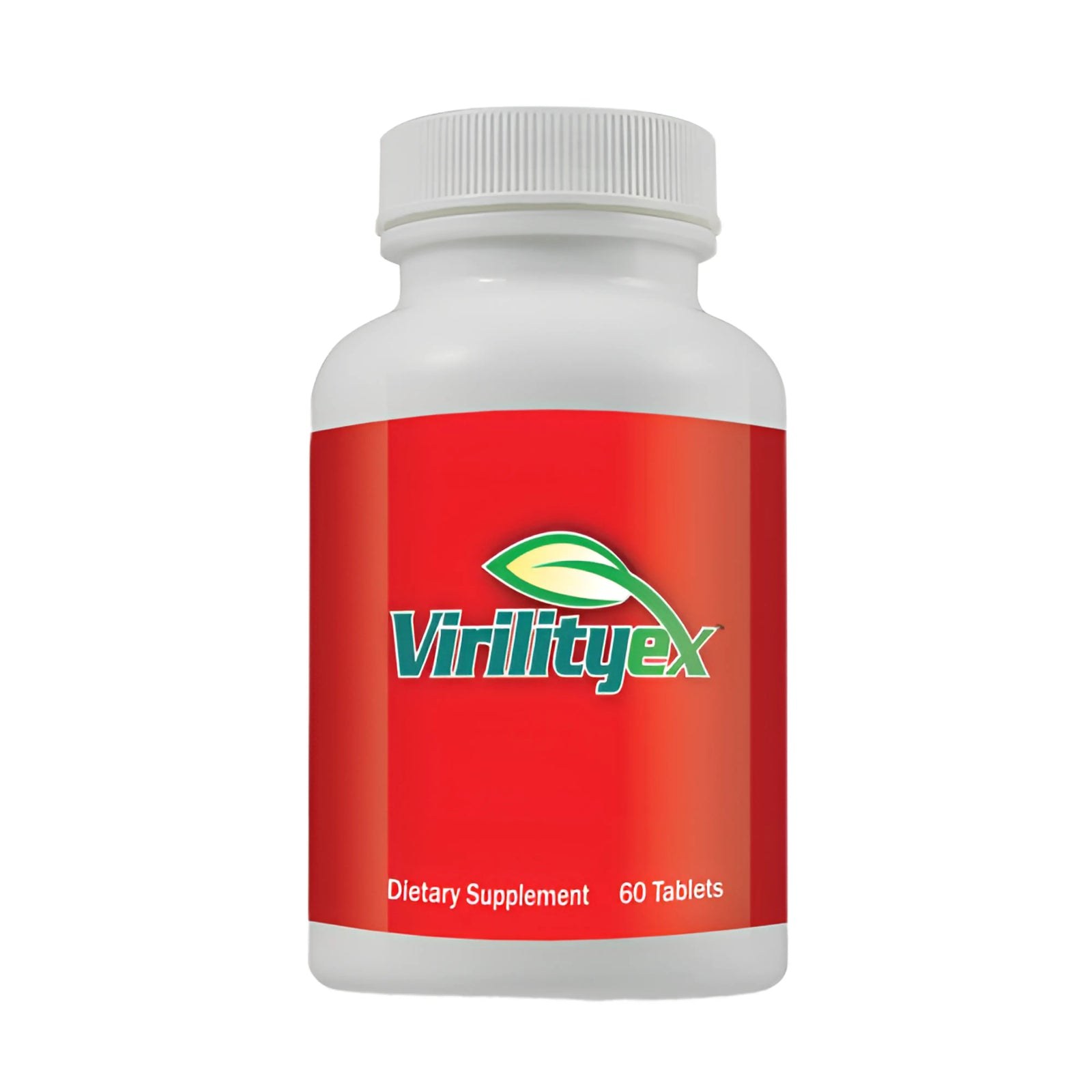Virility EX white bottle with a red label identifying a dietary supplement and 60 tablets