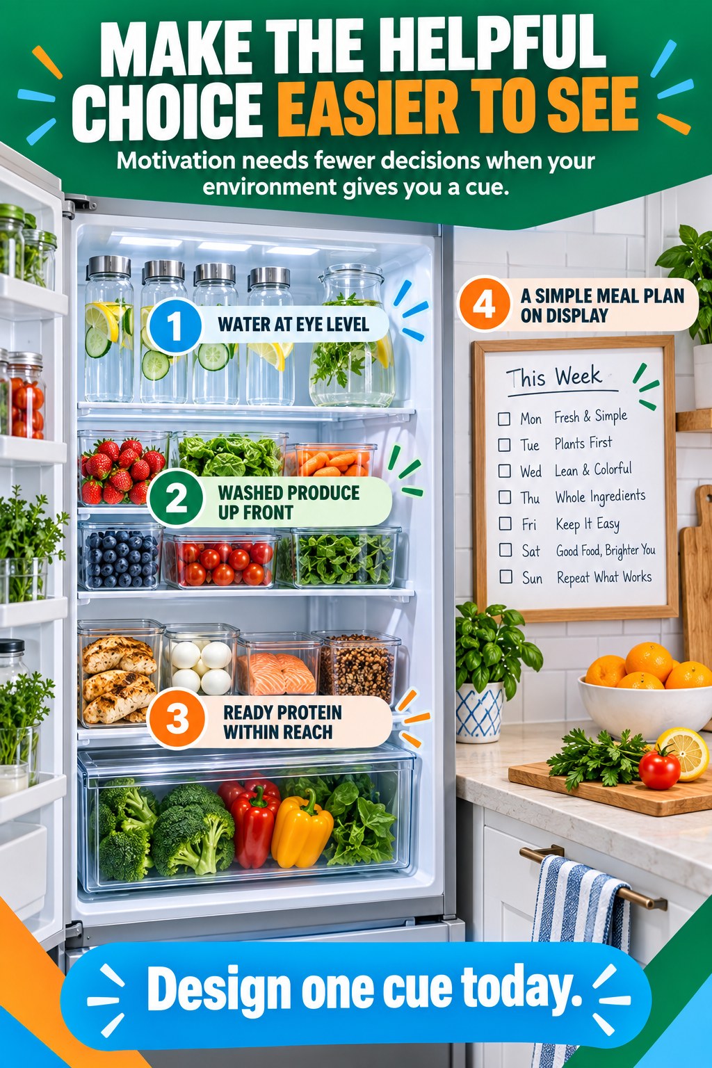 Green, orange, and blue kitchen infographic showing visible water, washed produce, ready protein, and a simple meal plan.