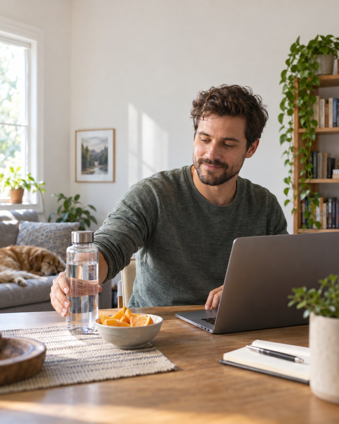 Man placing a clear water bottle beside a laptop and bowl of orange slices