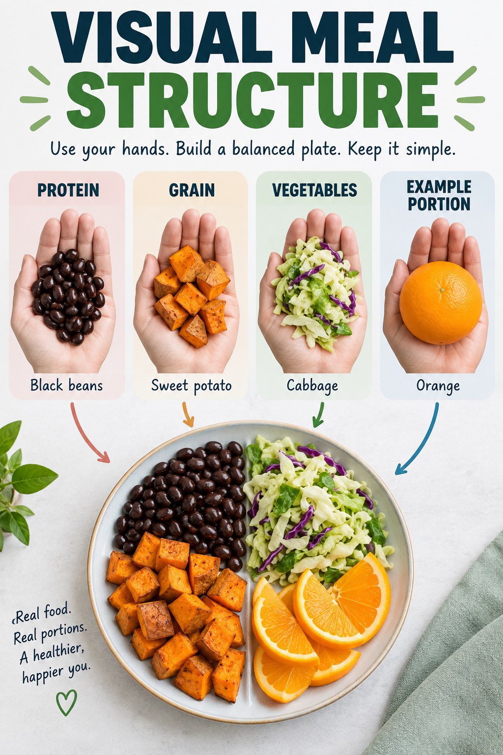 Visual Meal Structure visual using black beans, sweet potato, cabbage, and orange as flexible example portions for Weight Loss Tips.