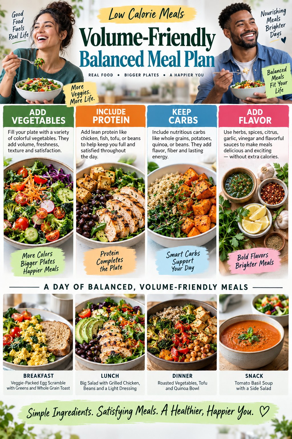 Portrait infographic showing volume-friendly balanced meals with soups, salads, roasted vegetables, beans chicken or tofu, grains and sauces.