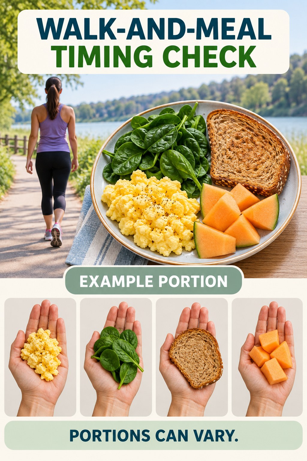 Walk-and-Meal Timing Check visual using eggs, whole-grain toast, spinach, and melon as flexible example portions for Walking for Weight Loss.