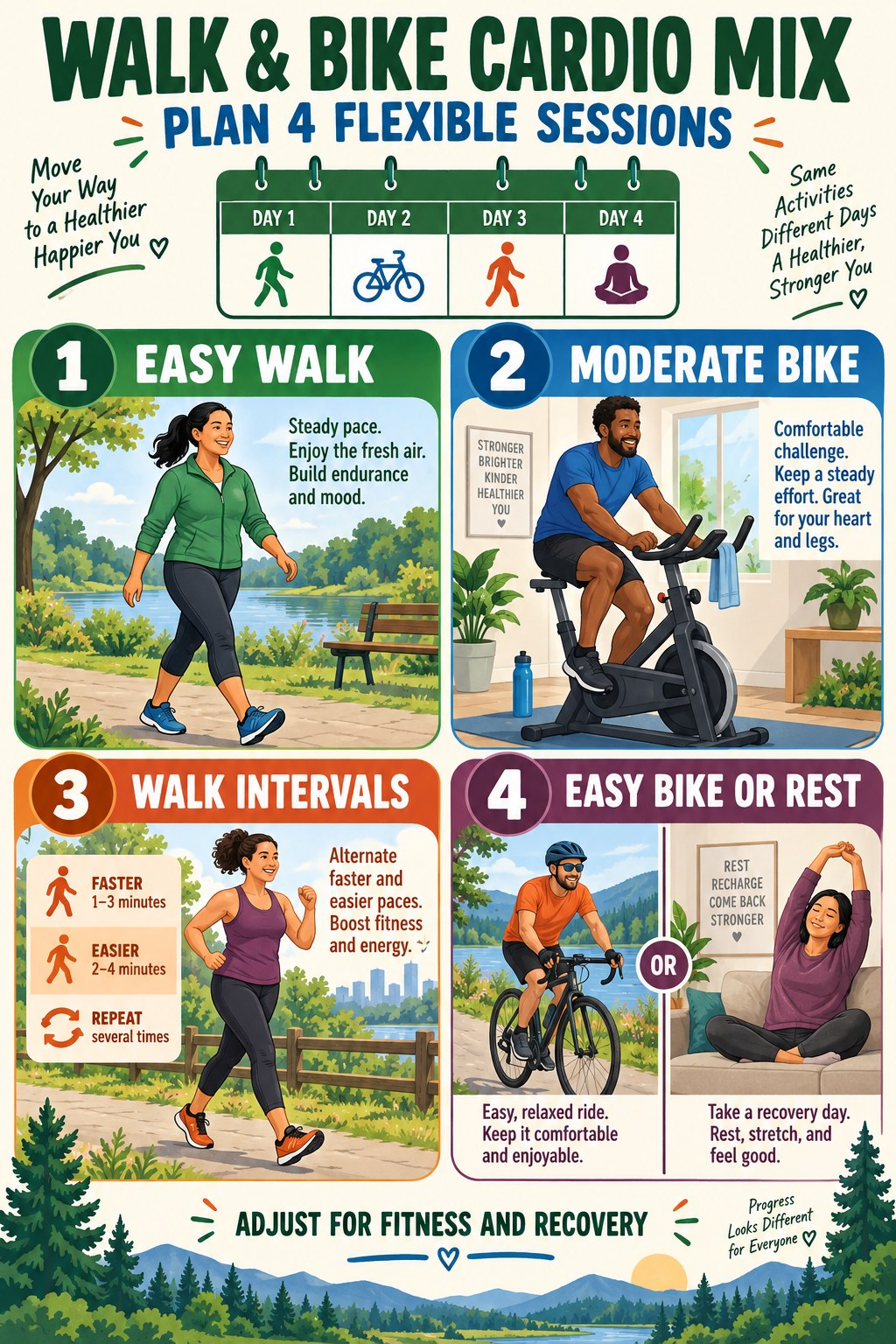 Weekly walk and bike cardio mix infographic with easy, moderate, mixed, and recovery sessions.