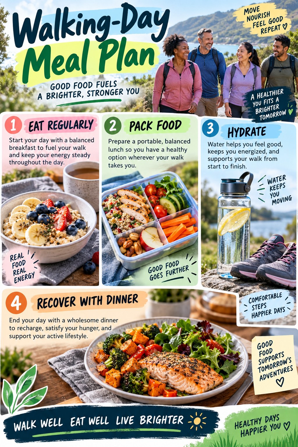 Portrait infographic showing a walking-day meal plan with balanced breakfast, portable lunch, water, walking shoes, and a satisfying dinner.