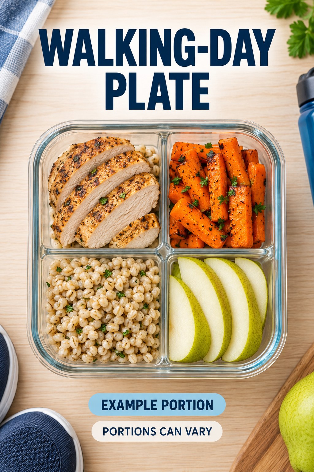 Walking-Day Plate visual using turkey, barley, roasted carrots, and pear as flexible example portions for Walking for Weight Loss.