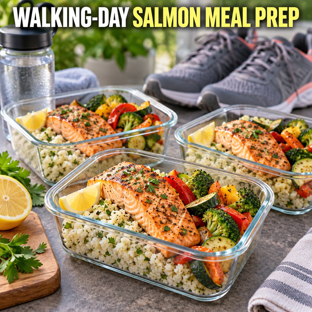Three containers of walking-day salmon cauliflower rice prep boxes with salmon, cauliflower rice, bok choy, and bell pepper.